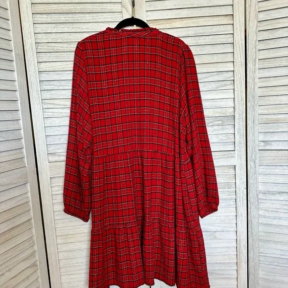 LOFT Red and Black Plaid Dress. Rayon/Poly - Picture 2 of 3